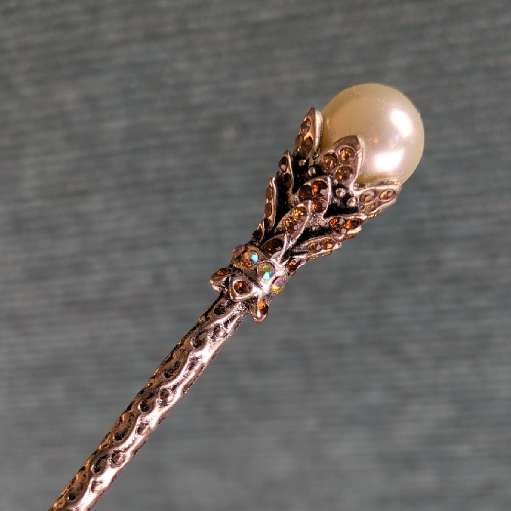 Ornate Silver Hair Stick Large Pearl And Rhinestones